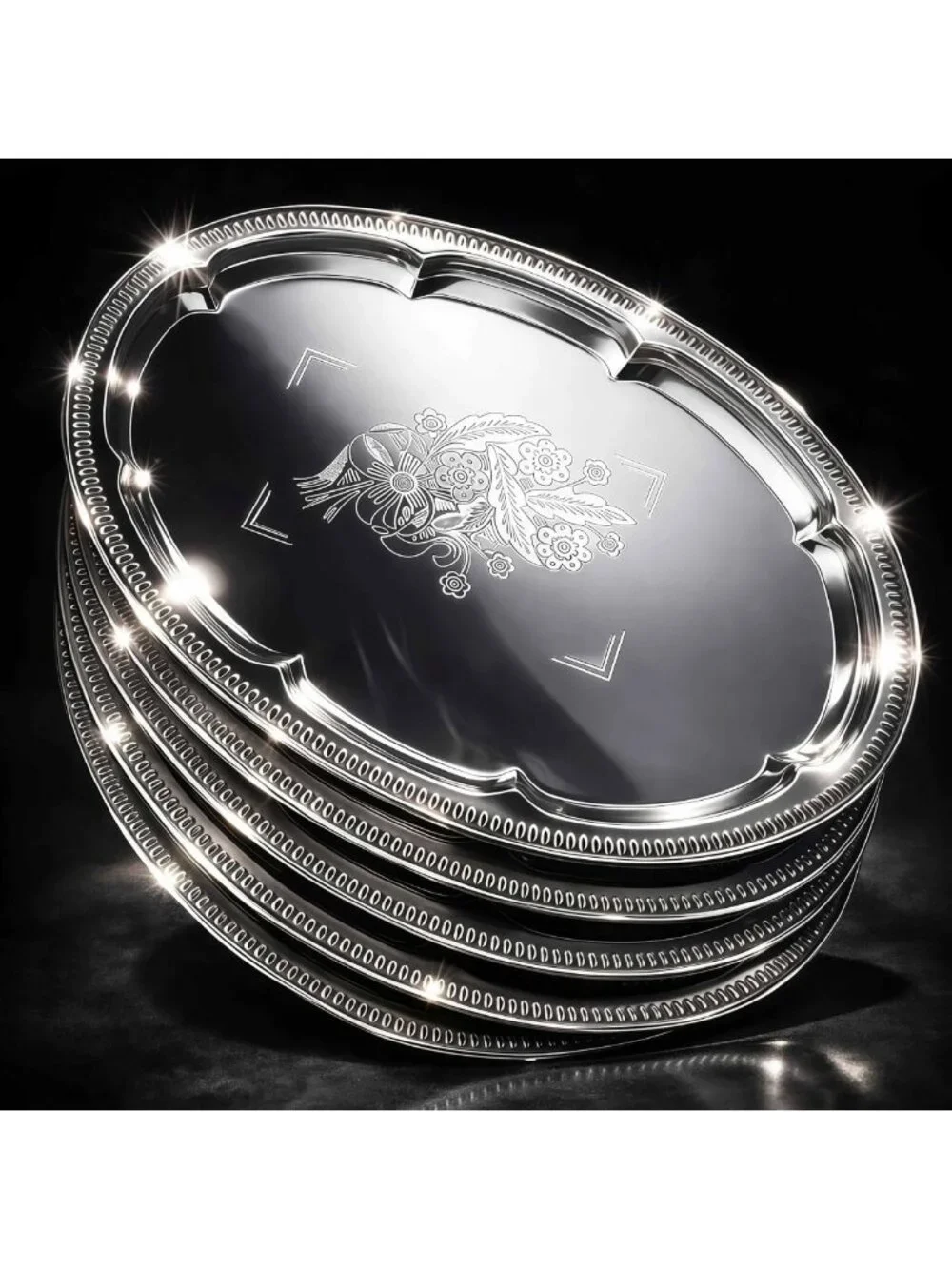 6-Pack Large Silver Oval Serving Trays - Floral Engraved Platters for Parties